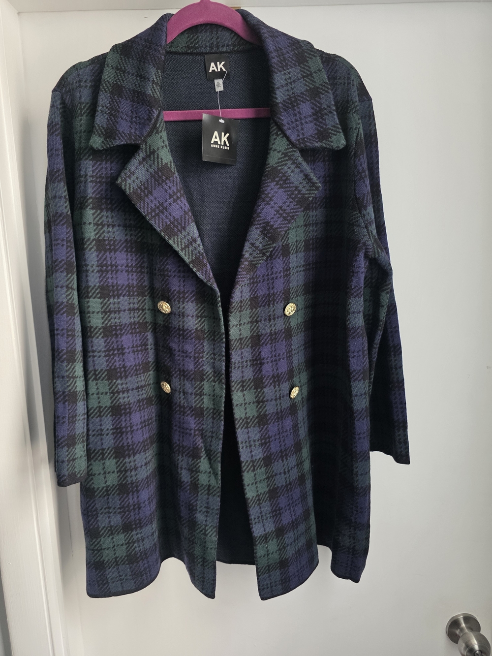 Anne Klein Plaid Double-Breasted Pea Coat in Navy and Green